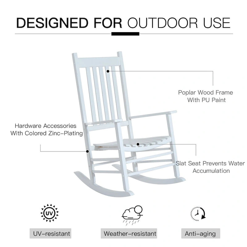 Fauteuil à bascule d'extérieur, fauteuil à bascule de patio en bois avec accoudoirs lisses, dossier haut