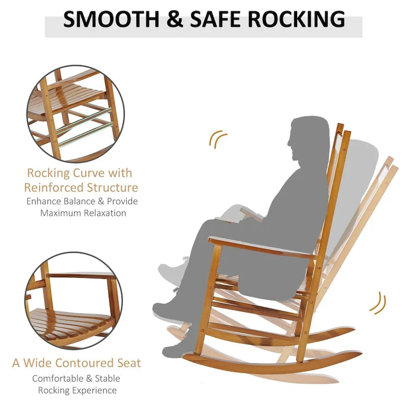Fauteuil à bascule d'extérieur, fauteuil à bascule de patio en bois avec accoudoirs lisses, dossier haut