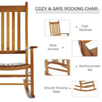 Fauteuil à bascule d'extérieur, fauteuil à bascule de patio en bois avec accoudoirs lisses, dossier haut
