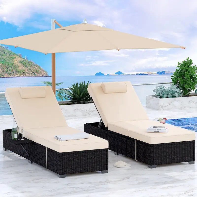 Chaises longues de patio, ensemble de 2 chaises longues d'extérieur en rotin PE