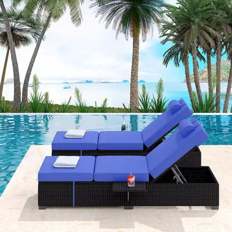Chaises longues de patio, ensemble de 2 chaises longues d'extérieur en rotin PE