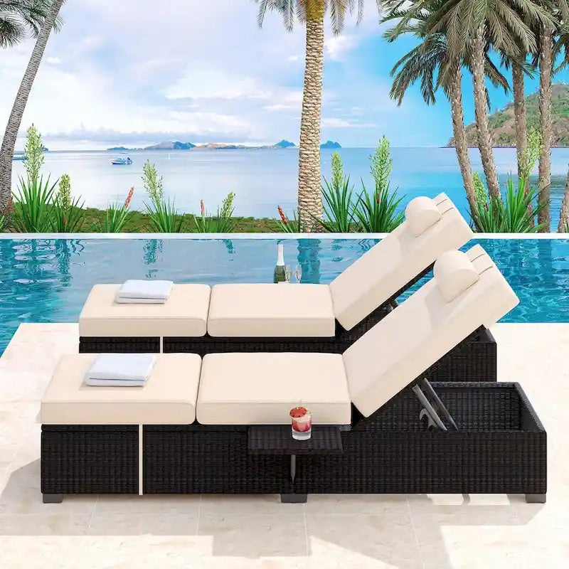 Chaises longues de patio, ensemble de 2 chaises longues d'extérieur en rotin PE
