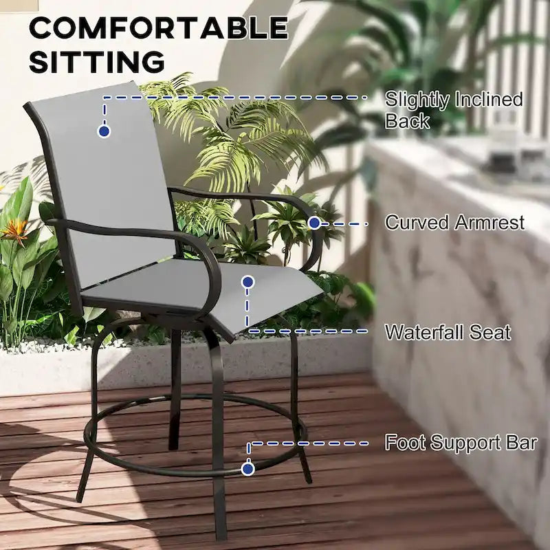 Tabourets de bar pivotants à 360° pour l'extérieur avec accoudoirs, tissu maillé (lot de 2)