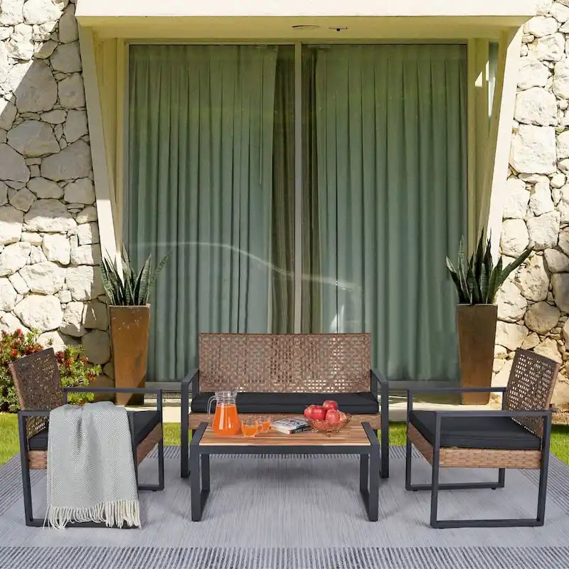 4-Piece Wicker Patio Conversation Set with Acacia Wood Tabletop and Cushions