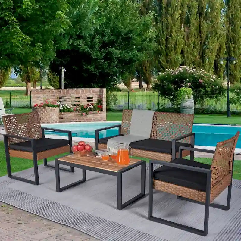 Ensemble de conversation d'extérieur 4 pièces en osier avec plateau de table en bois d'acacia et coussins