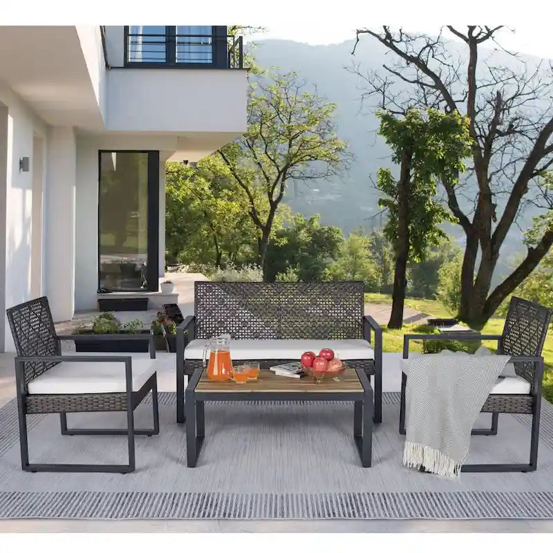Ensemble de conversation d'extérieur 4 pièces en osier avec plateau de table en bois d'acacia et coussins
