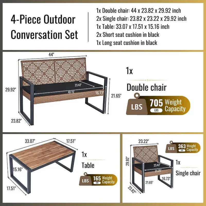 Ensemble de conversation d'extérieur 4 pièces en osier avec plateau de table en bois d'acacia et coussins