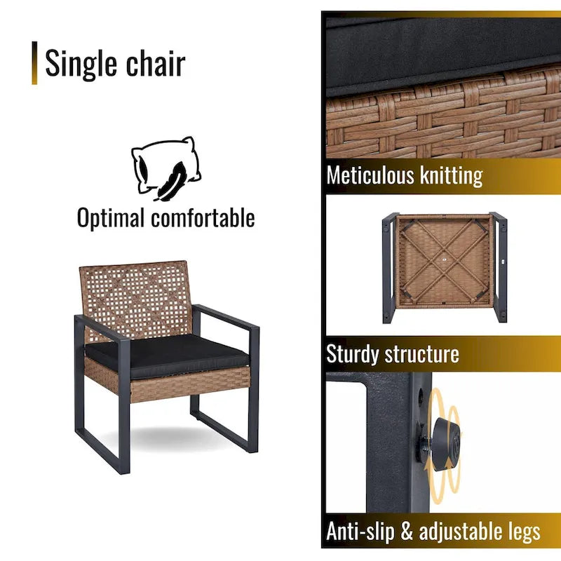 Ensemble de conversation d'extérieur 4 pièces en osier avec plateau de table en bois d'acacia et coussins