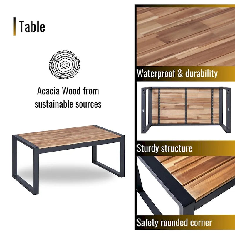 Ensemble de conversation d'extérieur 4 pièces en osier avec plateau de table en bois d'acacia et coussins