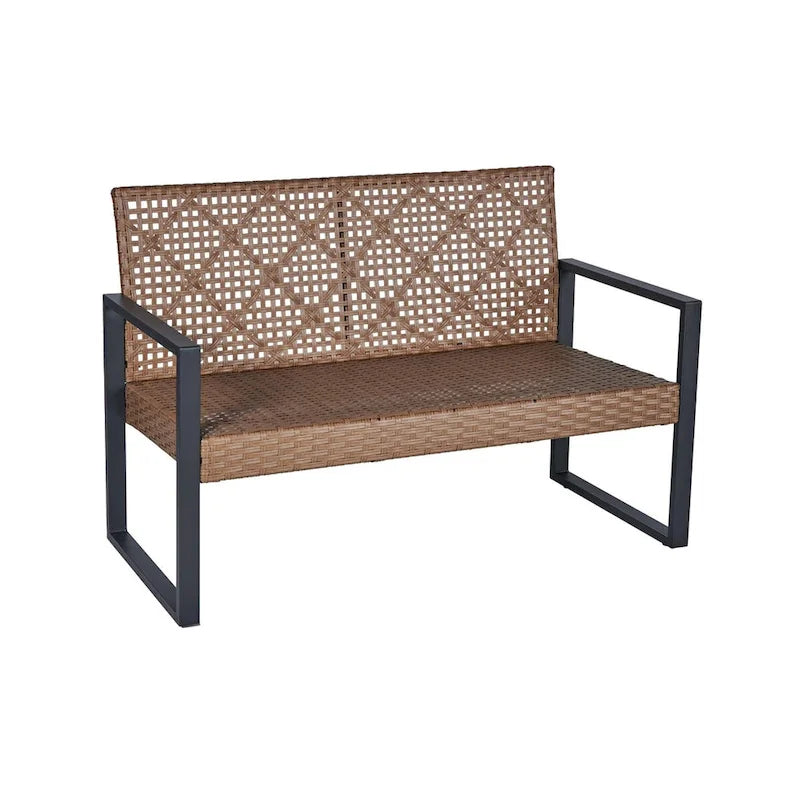 Ensemble de conversation d'extérieur 4 pièces en osier avec plateau de table en bois d'acacia et coussins