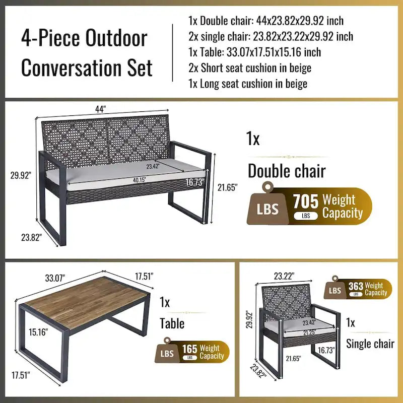 Ensemble de conversation d'extérieur 4 pièces en osier avec plateau de table en bois d'acacia et coussins