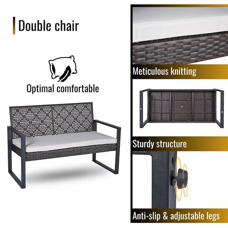 Ensemble de conversation d'extérieur 4 pièces en osier avec plateau de table en bois d'acacia et coussins