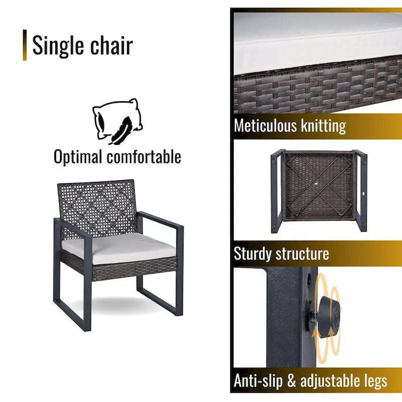 Ensemble de conversation d'extérieur 4 pièces en osier avec plateau de table en bois d'acacia et coussins