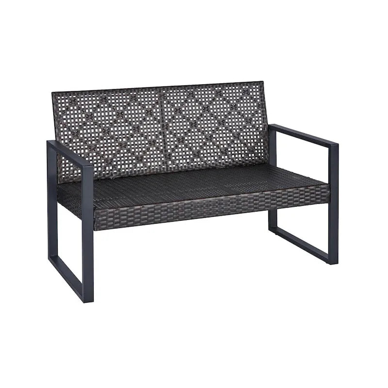 Ensemble de conversation d'extérieur 4 pièces en osier avec plateau de table en bois d'acacia et coussins