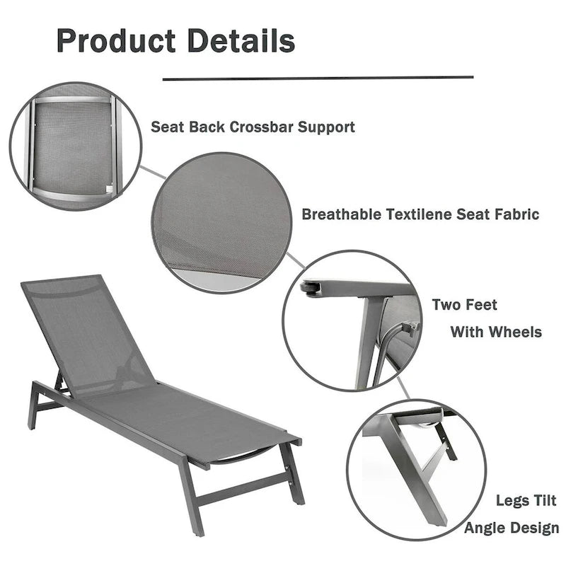 Chaise longue d'extérieur avec dossier inclinable en aluminium réglable