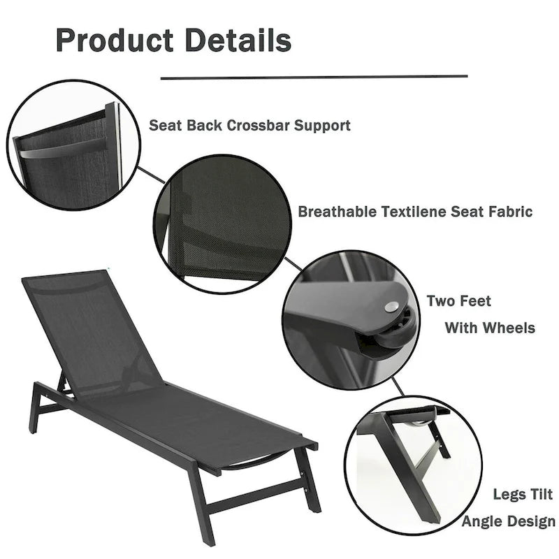 Chaise longue d'extérieur avec dossier inclinable en aluminium réglable