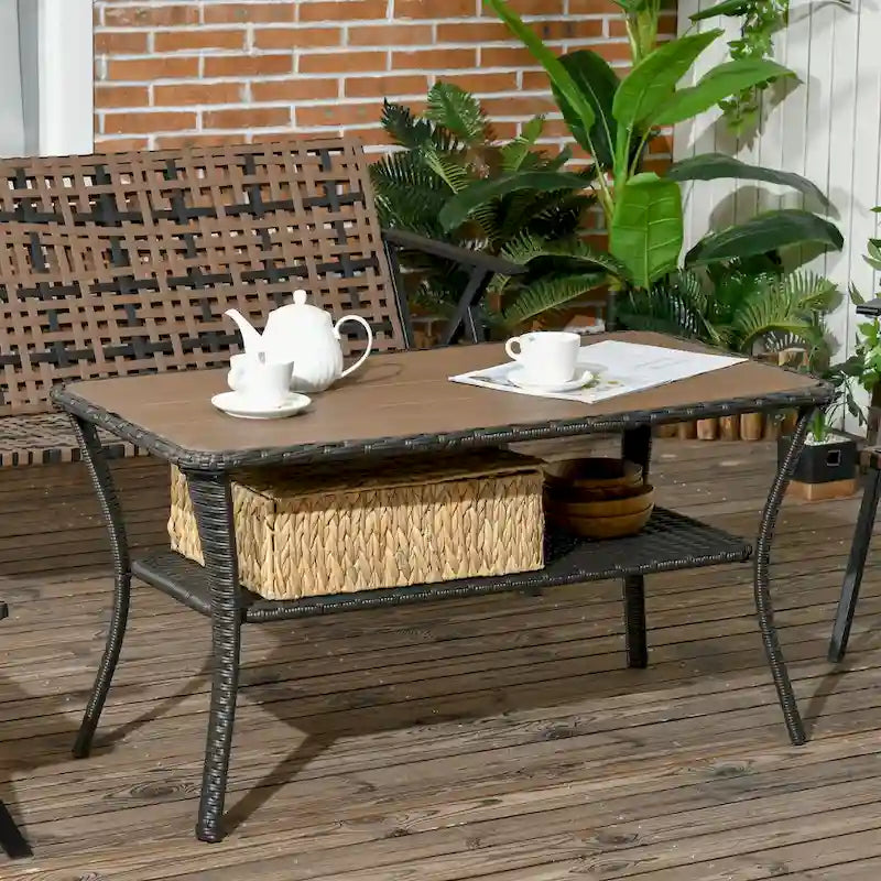 Patio PE Rattan Coffee Table with Storage Shelf, 2-Layer Storage Table