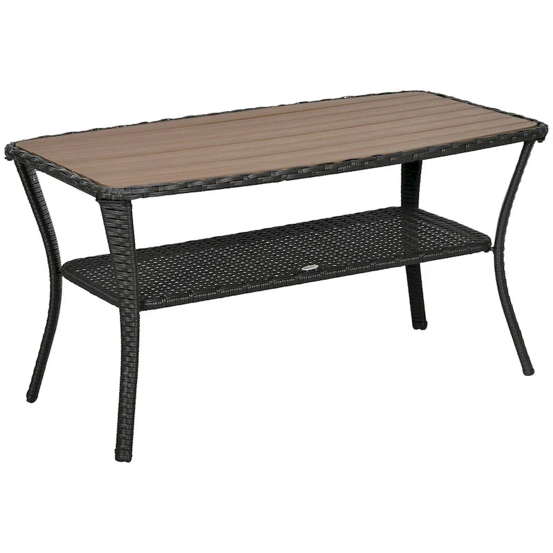 Table basse de terrasse en rotin PE avec étagère de rangement, table de rangement à 2 niveaux