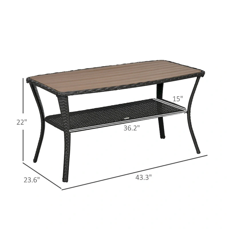 Table basse de terrasse en rotin PE avec étagère de rangement, table de rangement à 2 niveaux