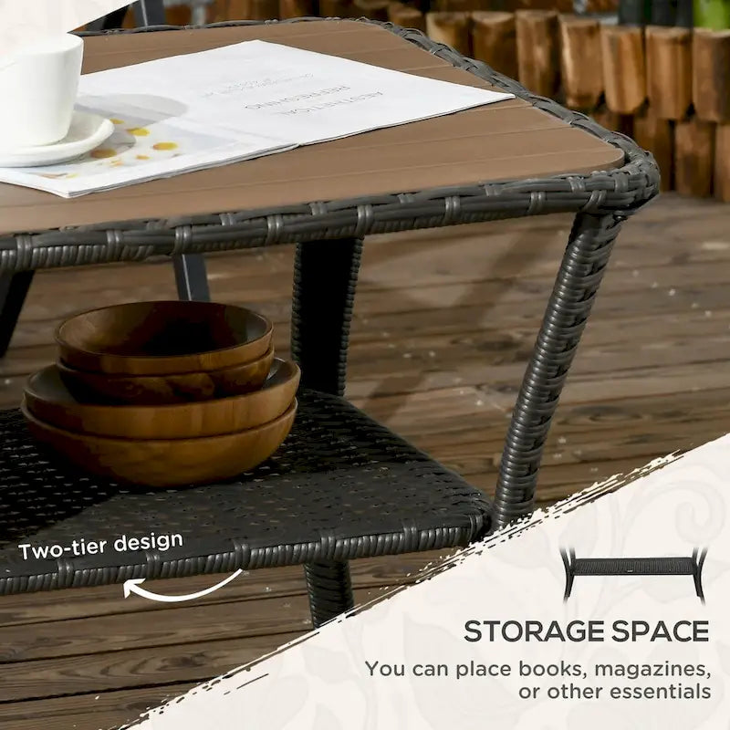 Table basse de terrasse en rotin PE avec étagère de rangement, table de rangement à 2 niveaux