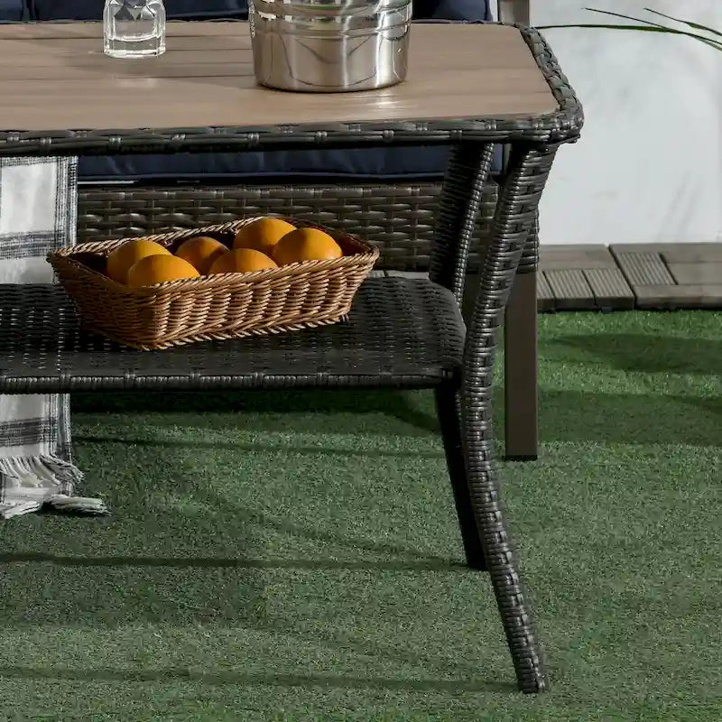 Table basse de terrasse en rotin PE avec étagère de rangement, table de rangement à 2 niveaux