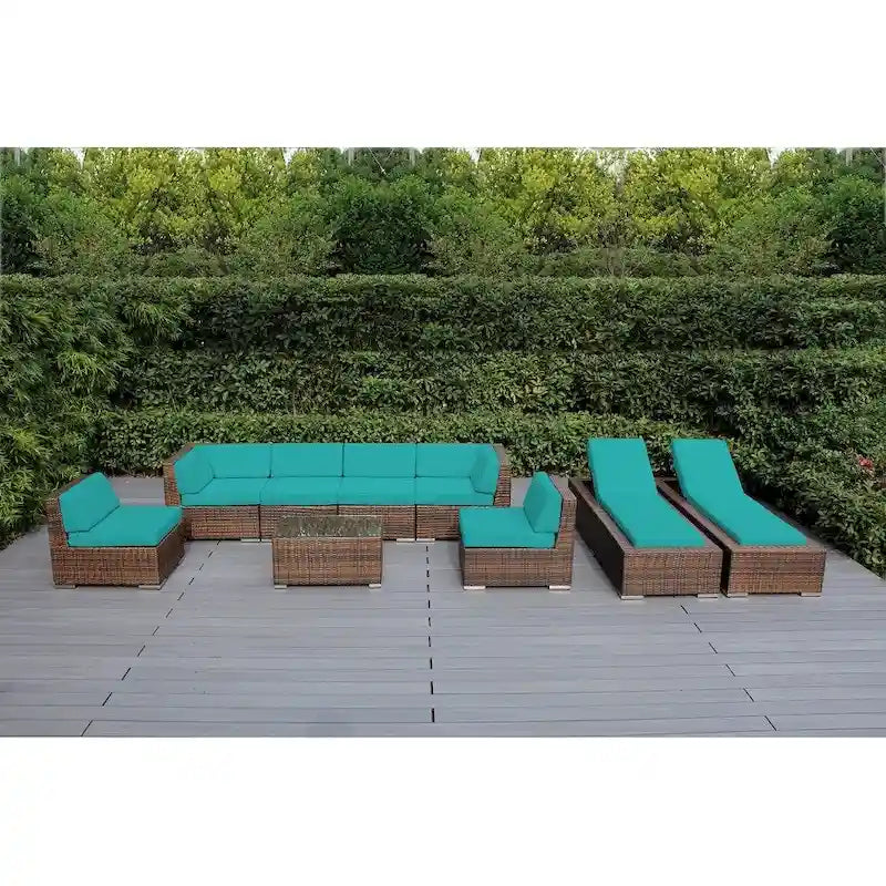 Ohana Outdoor Patio Ensemble de canapés en osier coussiné marron mélangé 9 pièces - Aucun assemblage requis