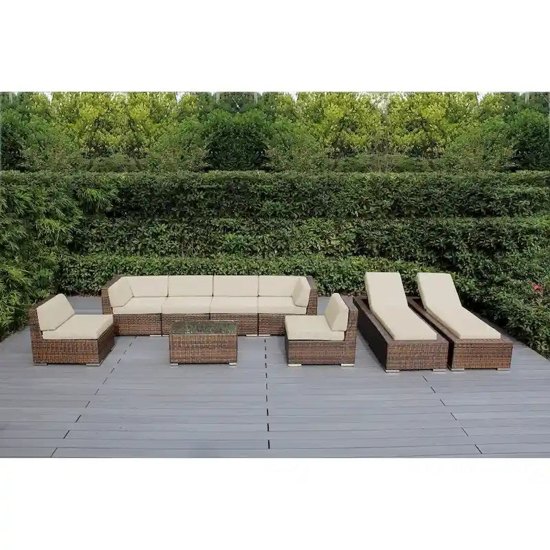 Ohana Outdoor Patio Ensemble de canapés en osier coussiné marron mélangé 9 pièces - Aucun assemblage requis