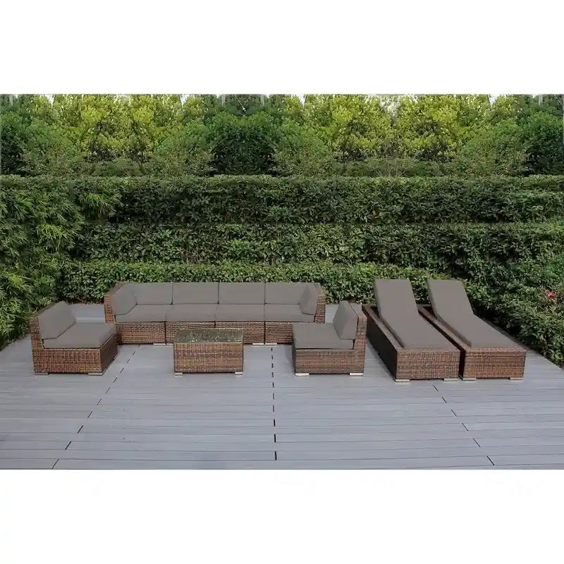 Ohana Outdoor Patio Ensemble de canapés en osier coussiné marron mélangé 9 pièces - Aucun assemblage requis