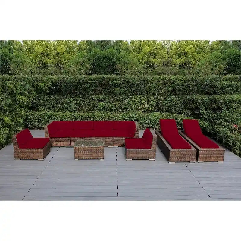 Ohana Outdoor Patio Ensemble de canapés en osier coussiné marron mélangé 9 pièces - Aucun assemblage requis
