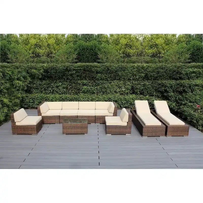 Ohana Outdoor Patio Ensemble de canapés en osier coussiné marron mélangé 9 pièces - Aucun assemblage requis
