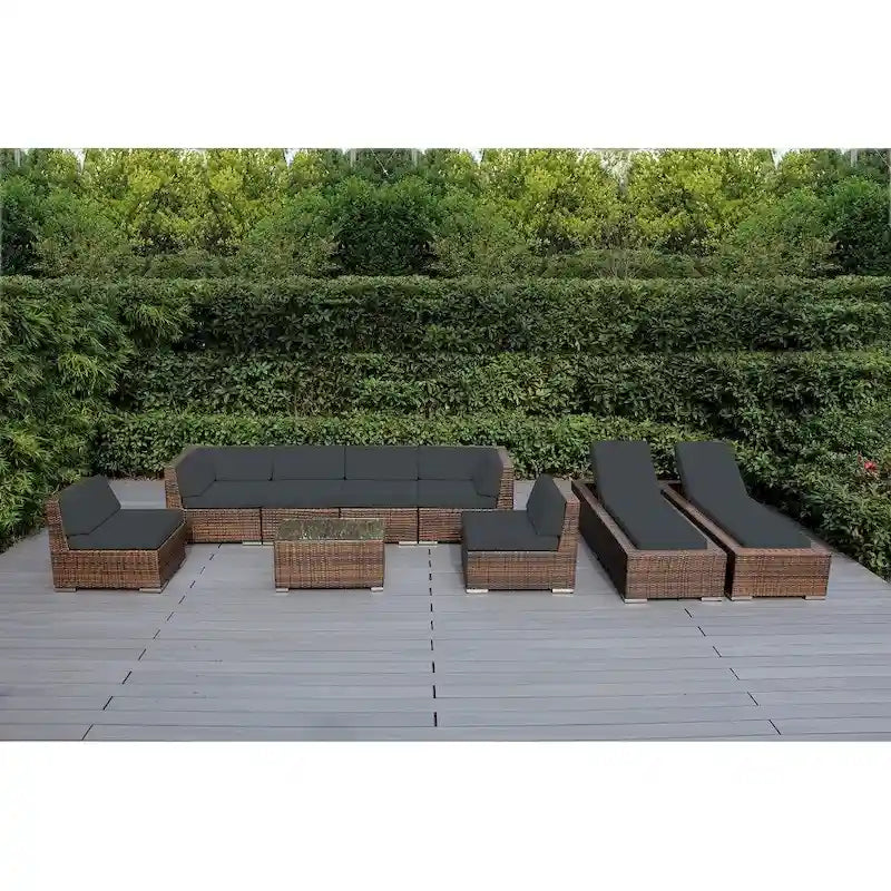 Ohana Outdoor Patio Ensemble de canapés en osier coussiné marron mélangé 9 pièces - Aucun assemblage requis