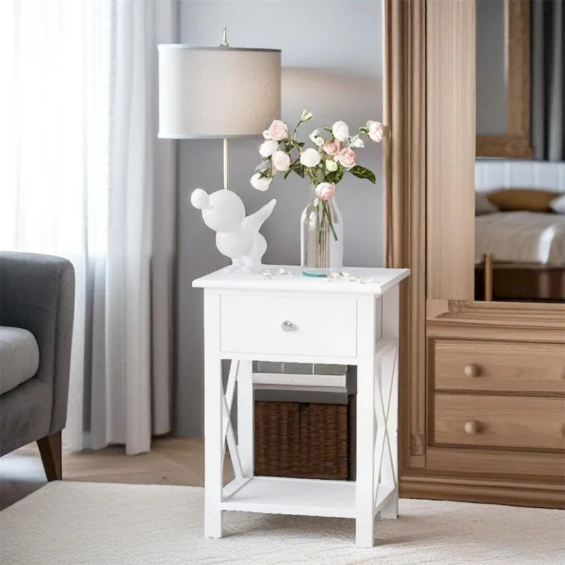 Side Table,Farmhouse End Table w/Storage Drawer,Open Shelf and X-frame