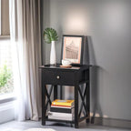 Table d'appoint, Table de chevet de style ferme avec tiroir de rangement, étagère ouverte et cadre en X