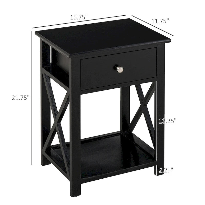 Table d'appoint, Table de chevet de style ferme avec tiroir de rangement, étagère ouverte et cadre en X