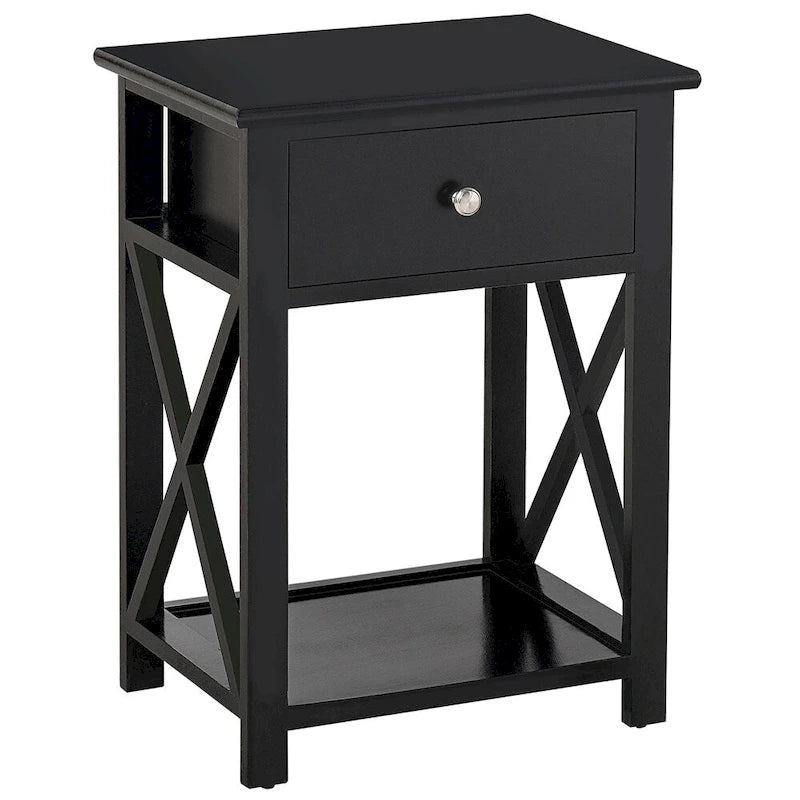 Table d'appoint, Table de chevet de style ferme avec tiroir de rangement, étagère ouverte et cadre en X