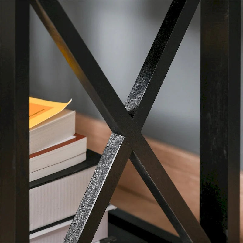Table d'appoint, Table de chevet de style ferme avec tiroir de rangement, étagère ouverte et cadre en X