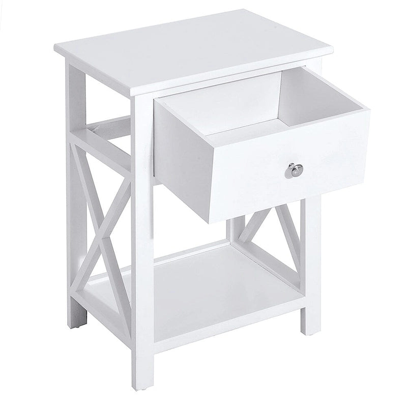 Table d'appoint, Table de chevet de style ferme avec tiroir de rangement, étagère ouverte et cadre en X