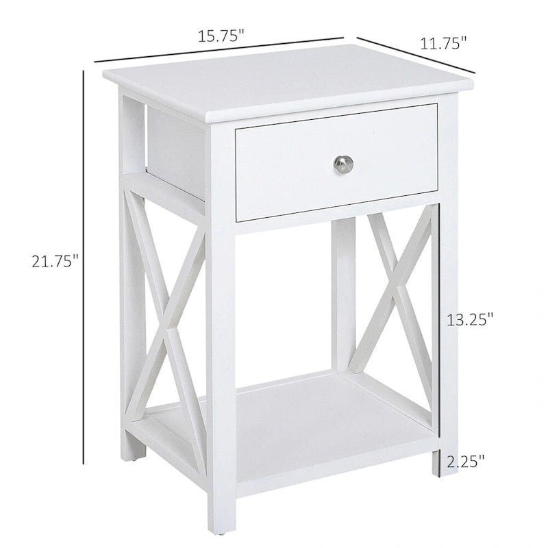 Table d'appoint, Table de chevet de style ferme avec tiroir de rangement, étagère ouverte et cadre en X