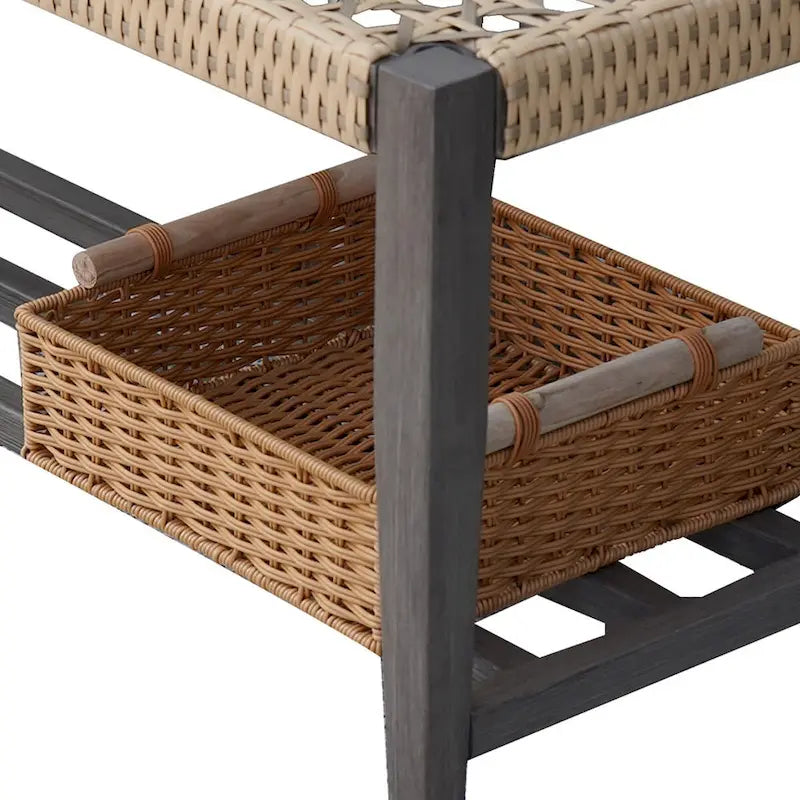 Banc d'extérieur en osier avec étagère, cadre entièrement en fer, aspect bois