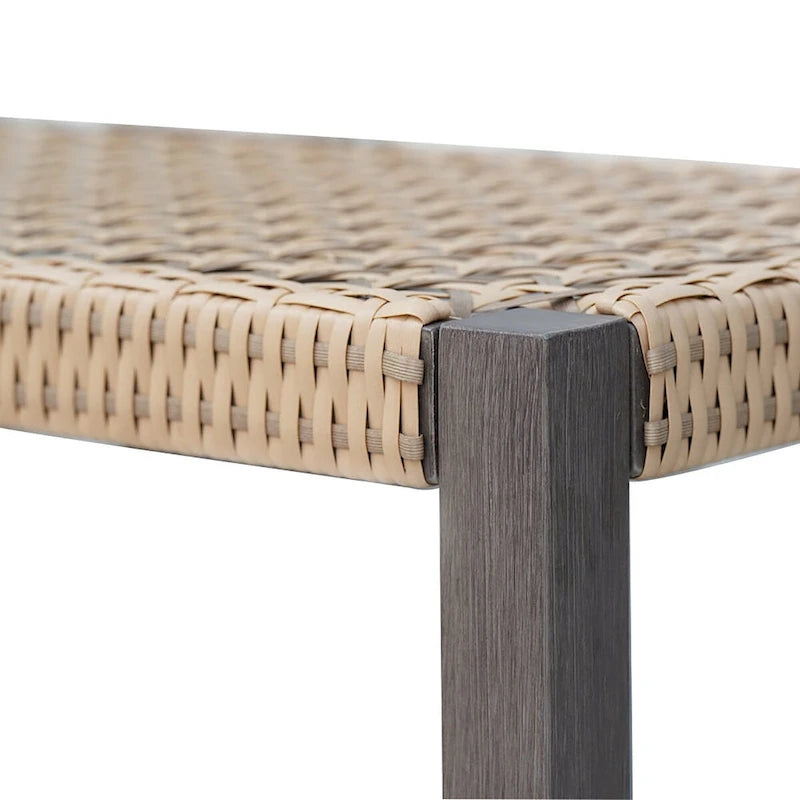 Banc d'extérieur en osier avec étagère, cadre entièrement en fer, aspect bois