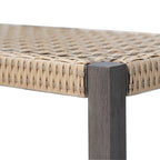 Banc d'extérieur en osier avec étagère, cadre entièrement en fer, aspect bois