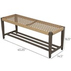 Banc d'extérieur en osier avec étagère, cadre entièrement en fer, aspect bois