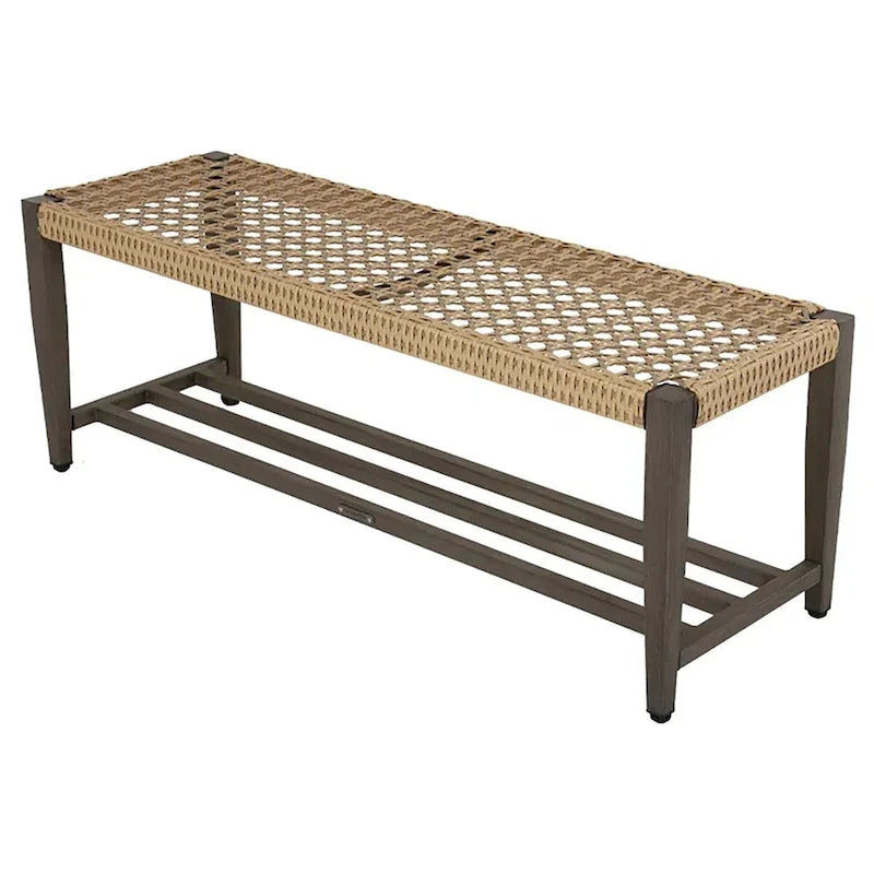 Banc d'extérieur en osier avec étagère, cadre entièrement en fer, aspect bois