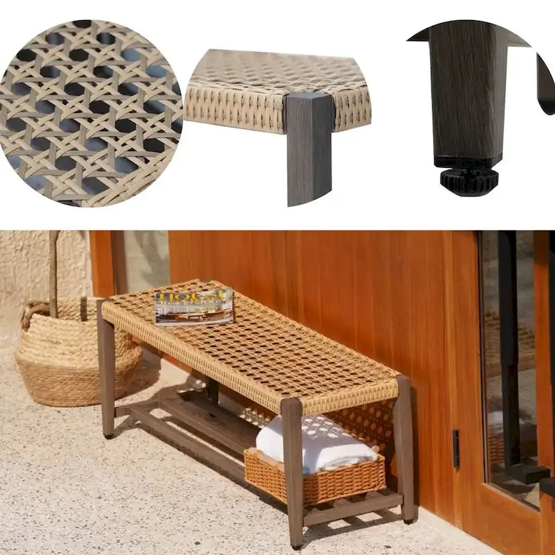 Banc d'extérieur en osier avec étagère, cadre entièrement en fer, aspect bois
