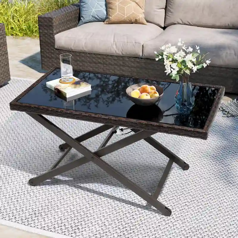 Table basse VredHom d'extérieur en osier, avec plateau en verre trempé, à hauteur réglable