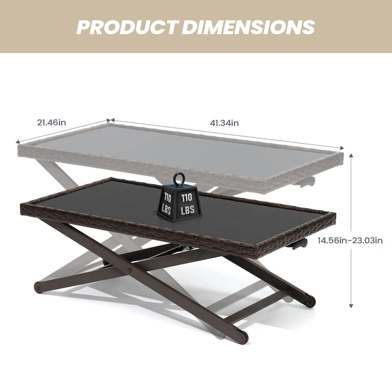 Table basse VredHom d'extérieur en osier, avec plateau en verre trempé, à hauteur réglable