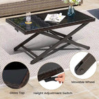 Table basse VredHom d'extérieur en osier, avec plateau en verre trempé, à hauteur réglable