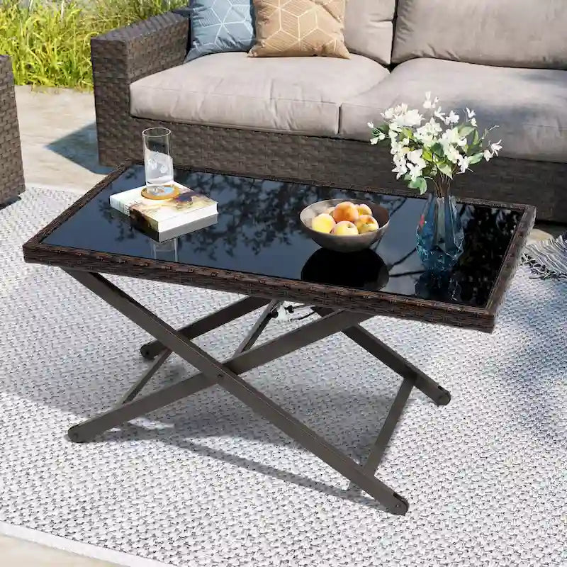 Table basse VredHom d'extérieur en osier, avec plateau en verre trempé, à hauteur réglable