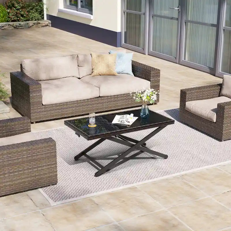 Table basse VredHom d'extérieur en osier, avec plateau en verre trempé, à hauteur réglable