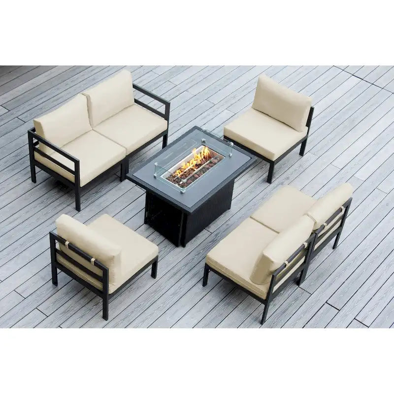 Sectionnel Ohana Outdoor 7 pièces en aluminium coussiné avec table de foyer de 42 po